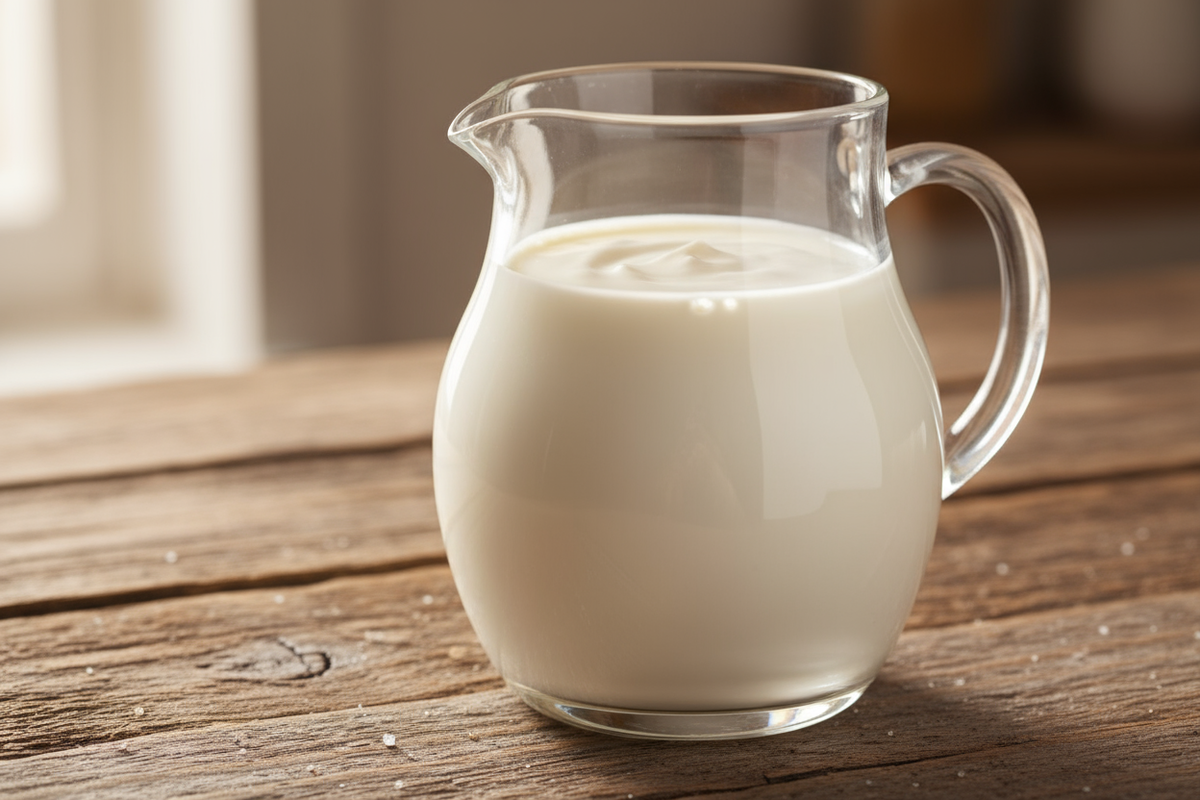 heavy white cream in a clear pitcher on a wood table 
